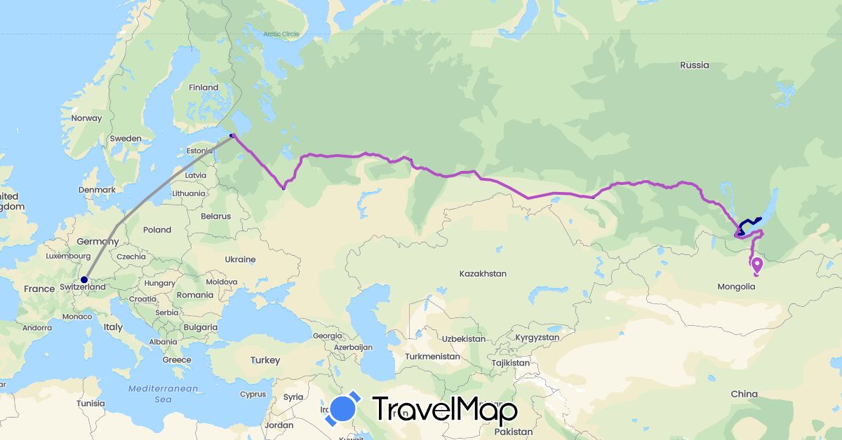 TravelMap itinerary: driving, plane, train, hiking, walking in Switzerland, Germany, Mongolia, Russia (Asia, Europe)